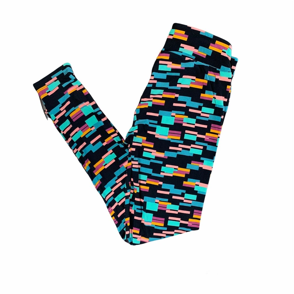 LuLaRoe Black‎ OS Leggings Colorful Blocks Rectangles Lines Teal Orange Pink